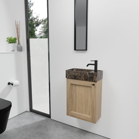 Balmani Lemon zwevend toiletmeubel 42 x 21 cm verweerd eiken met Dama wastafel in Dark Emperador marmer