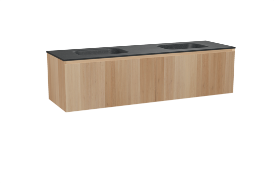 Balmani Idra hängendes Möbelstück Set: 180 x 55 cm, Naturbelassene Eiche, mit Tablo Arcato Doppelwaschtisch, Schwarzes Granit