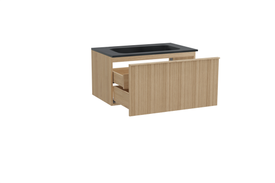 Balmani Forma meuble salle de bains suspendu 90 x 55 cm chêne naturel avec Tablo Strada plan simple en marbre composite noir mat, Nervure circulaire asymétrique verticale