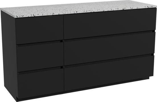 Storke Edge staand badmeubel 150 x 52 cm mat zwart met Tavola enkel of dubbel wastafelblad in mat wit/zwart terrazzo