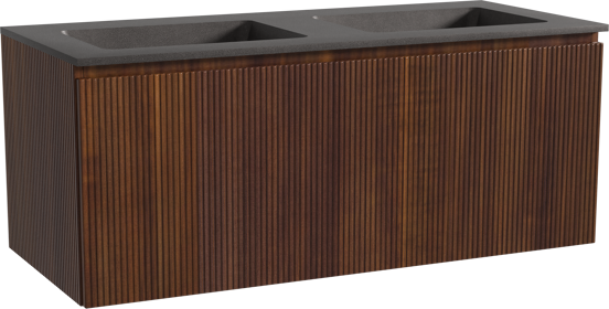 Storke Ribs hängendes Möbelstück Set: 120 x 52 cm, Nussbaum, mit Scuro Doppelwaschtisch, Quarz, Schwarz matt, Vertikale symmetrische gerade Rippe
