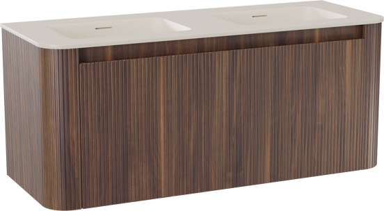 Storke Soft hängendes Möbelstück Set: 120 x 46 cm, Nussbaum, mit Mata Soft Doppelwaschtisch Solid Surface Beige Granit, Vertikale symmetrische gerade Rippe