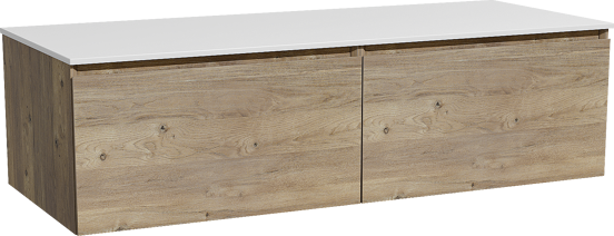 Storke Edge zwevend badmeubel 130 x 52 cm ruw eiken met Tavola enkel of dubbel wastafelblad in solid surface mat wit