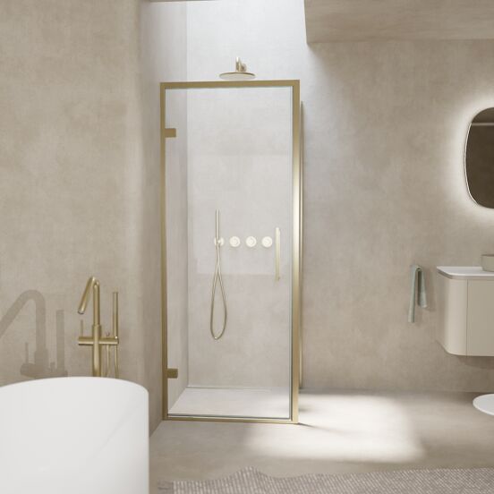Balmani Senses Design douchehoek met linkse draaideur en vaste zijwand, 90 x 100 cm, Helder glas, Brushed Champagne Gold profielen