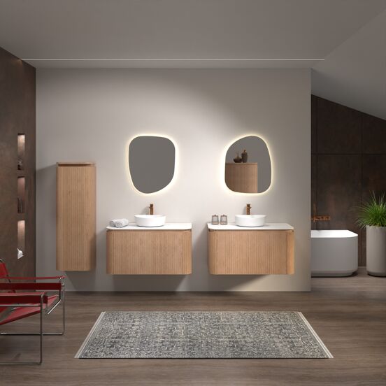 Balmani Moon meuble salle de bains suspendu 100 x 55 cm chêne naturel avec Moon tablette simple en solid surface blanc mat, Nervure droite symétrique verticale