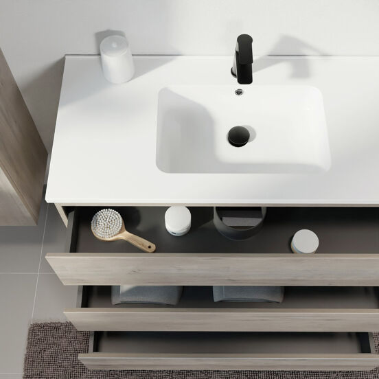 Linie Lado staand badmeubel 120 x 46 cm grijs eiken met Vano dubbele wastafel in composietmarmer mat wit