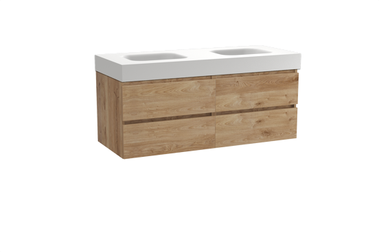 Balmani Lucida zwevend badkamermeubel 135 x 55 cm ruwe eik met Arcato dubbele wastafel in solid surface mat wit