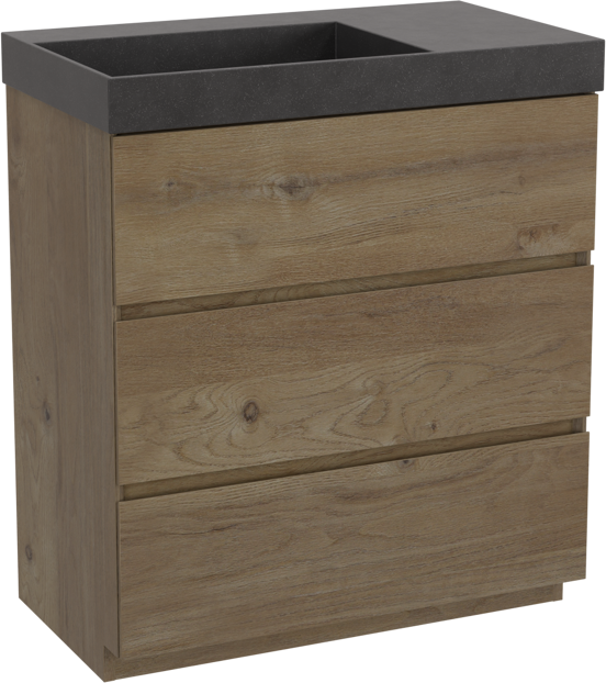 Storke Edge meuble salle de bains à poser 80 x 46 cm chêne brut avec Jura vasque asymétrique gauche en quartz noir mat