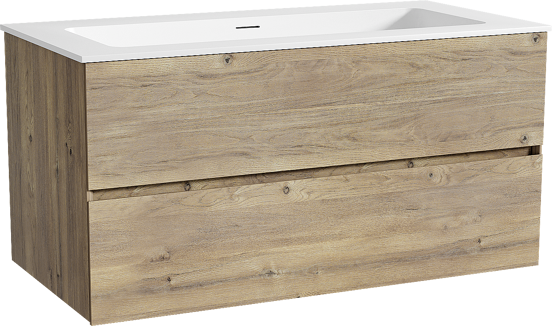 Storke Edge meuble salle de bains suspendu 105 x 52 cm chêne brut avec Mata plan simple pour 2 trous de robinet en solid surface blanc mat