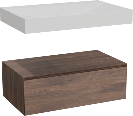Balmani Mitra Elements meuble salle de bains suspendu 90 x 55 cm noyer américain avec Wave plan simple en solid surface blanc mat