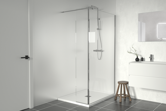 Linie Walk-in inloopdouche met vaste zijwand 116 x 200cm helder glas met matte strook glanzend chroom profiel