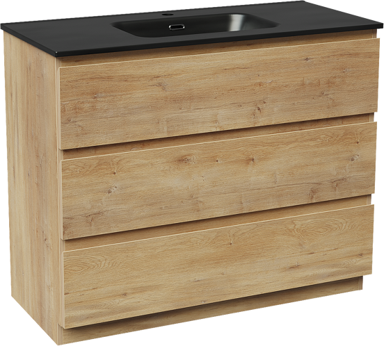 Linie Lado staand badkamermeubel 100 x 46 cm natuur eik met Baro enkele wastafel in porselein mat zwart