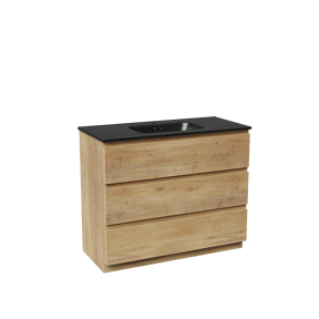 Linie Lado staand badkamermeubel 100 x 46 cm natuur eik met Baro enkele wastafel in porselein mat zwart