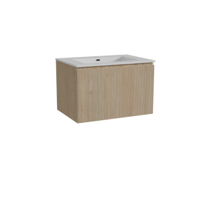 Storke Ribs meuble salle de bains suspendu 75 x 52 cm chêne brut avec Diva plan simple en marbre composite blanc brillant, Nervure droite symétrique verticale