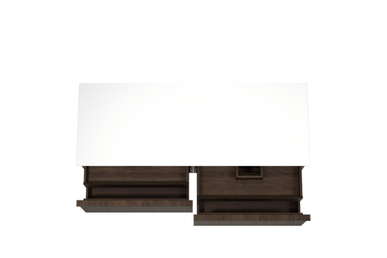 Balmani Forma hängendes Möbelstück Set: 150 x 55 cm, Geräucherte Eiche, mit Stretto Einzel- oder Doppel Waschtischplatte, Solid Surface, Weiß matt, Vertikale symmetrische gerade Rippe