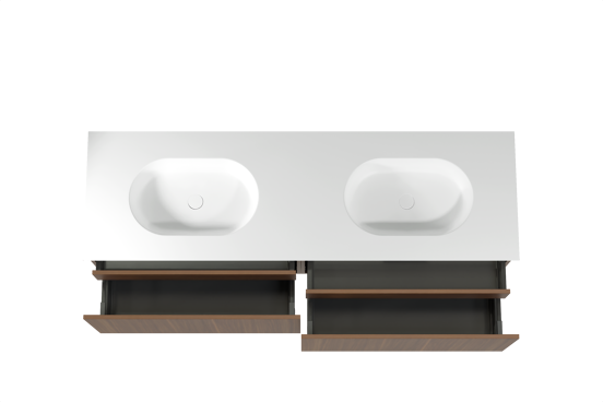 Balmani Sfera hängendes Möbelstück Set: 180 x 55 cm, Amerikanischer Nussbaum, mit Tablo Oval Doppelwaschtisch, Solid Surface Weiß matt