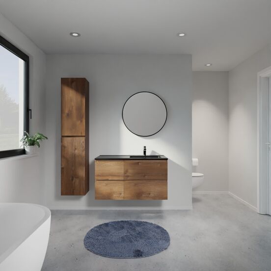 Linie Lado meuble salle de bains suspendu 100 x 46 cm chêne brun avec Vano plan vasque asymétrique à droite en marbre composite noir mat