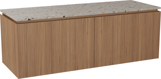 Balmani Eclips hängendes Möbelstück Set: 150 x 55 cm, Teak, mit Stretto Einzel- oder Doppel Waschtischplatte Greige Terrazzo, Vertikale symmetrische gerade Rippe