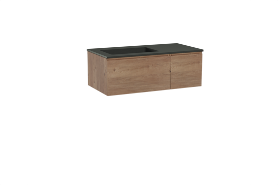 Storke Edge zwevend badmeubel 100 x 52 cm ruw eiken met Scuro asymmetrisch linkse wastafel in kwarts mat zwart