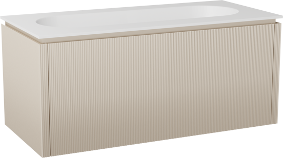 Balmani Eclips zwevend badkamermeubel 120 x 55 cm Sandbeige met Tablo Oval enkele wastafel in Solid Surface mat wit, Verticale symmetrische rechte ribbel