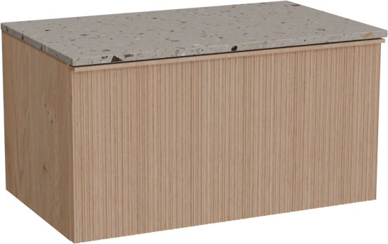Balmani Forma hängendes Möbelstück Set: 90 x 55 cm, Naturbelassene Eiche, mit Stretto Einzel Waschtischplatte, Terrazzo in Greige, Vertikale asymmetrische Runde Rippe