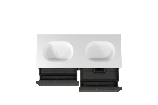 Balmani Forma meuble salle de bains suspendu 135 x 55 cm chêne noir avec Tablo Oval double vasque en solid surface blanc mat, Nervure droite symétrique verticale