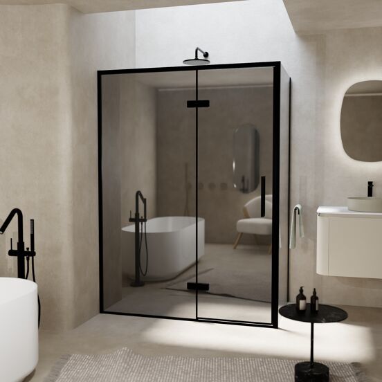 Balmani Senses Design douchehoek met linkse draaideur en vaste zijwand, 140 x 90 cm, Reflex spiegelglas, Zwarte profielen, met coating