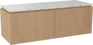 Balmani Eclips zwevend badkamermeubel 150 x 55 cm Natuur eik met Stretto enkel of dubbel tablet in Bianco Nero Terrazzo, Verticale symmetrische rechte ribbel