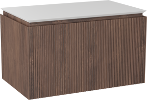 Balmani Eclips meuble salle de bains suspendu 90 x 55 cm Noyer américain avec Eclips tablette simple en Solid Surface blanc mat, Nervure droite symétrique verticale
