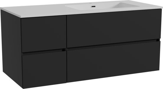 Storke Edge meuble salle de bains suspendu 120 x 52 cm noir mat avec Diva plan vasque asymétrique à droite en marbre composite blanc brillant