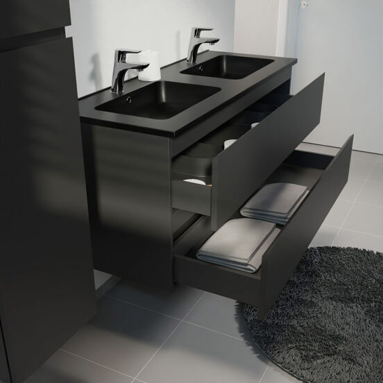 Linie Lado hängendes Möbelstück Set: 120 x 46 cm, Schwarz matt, mit Vano Doppelwaschtisch, Marmorkomposit Schwarz matt