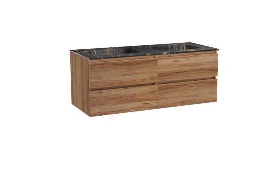 Balmani Lucida zwevend badkamermeubel 135 x 55 cm teak met Tablo Arcato dubbele wastafel in marmer portoro gold