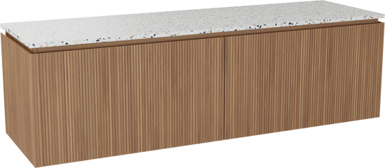 Balmani Eclips hängendes Möbelstück Set: 180 x 55 cm, Teak, mit Stretto Einzel- oder Doppel Waschtischplatte Bianco Nero Terrazzo, Vertikale symmetrische gerade Rippe