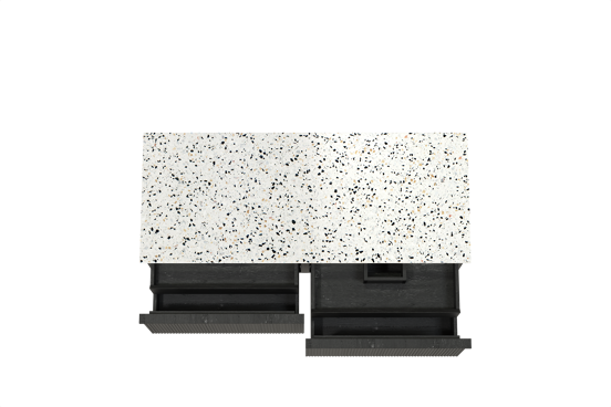 Balmani Forma hängendes Möbelstück Set: 135 x 55 cm, Schwarze Eiche, mit Stretto Einzel- oder Doppel Waschtischplatte, Terrazzo in Weiß/Schwarz matt, Vertikale symmetrische gerade Rippe