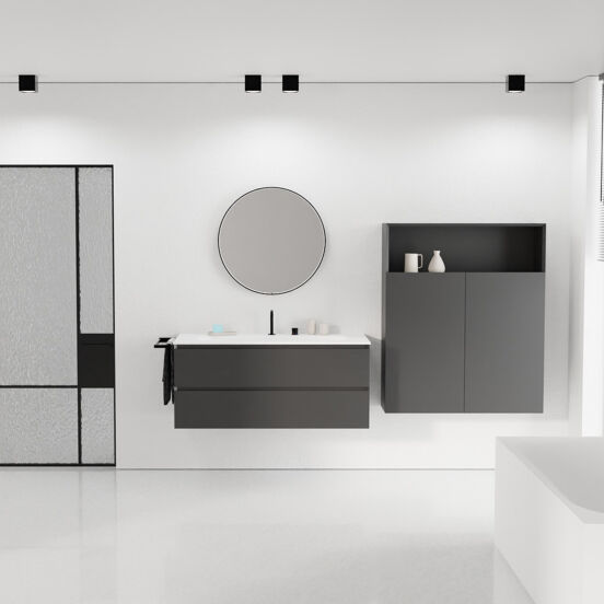 Balmani Mitra meuble salle de bains suspendu 120 x 55 cm noir mat avec Tablo Arcato lavabo simple pour 2 trous de robinet en solid surface blanc mat