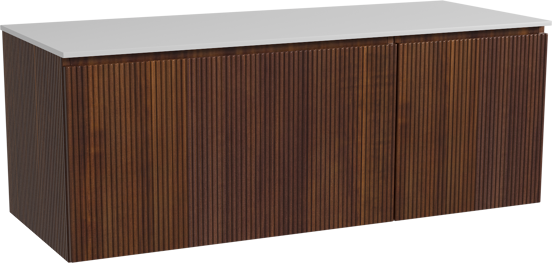 Storke Ribs zwevend badmeubel 130 x 52 cm notenhout met Tavola enkel of dubbel wastafelblad in solid surface mat wit, Verticale symmetrische rechte ribbel