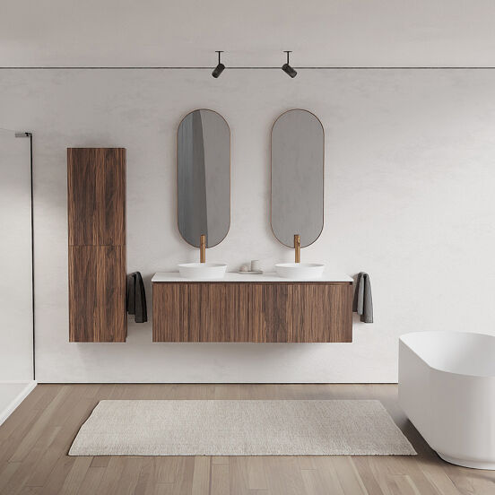 Balmani Fila zwevend badkamermeubel 150 x 55 cm notelaar met Stretto enkel of dubbel tablet in solid surface mat wit, Verticale symmetrische rechte ribbel