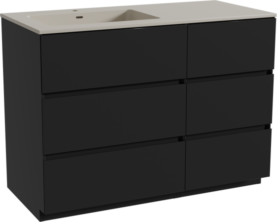 Storke Edge staand badkamermeubel 110 x 52 cm mat zwart met Diva asymmetrisch linkse wastafel in top solid zijdegrijs