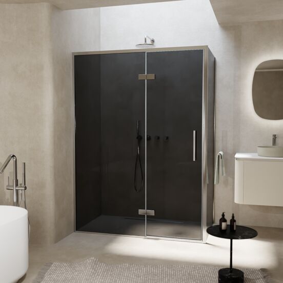 Balmani Senses Design douchehoek met linkse draaideur en vaste zijwand, 140 x 100 cm, Rookglas, Chroom profielen, met coating