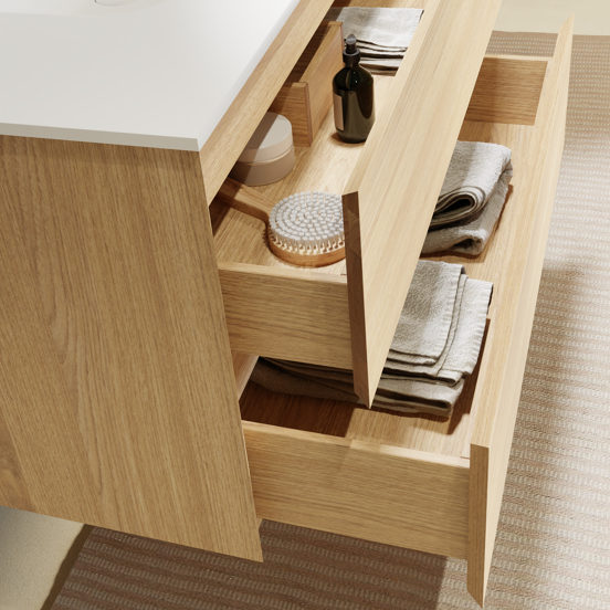 Balmani Mitra meuble salle de bains suspendu 75 x 55 cm chêne naturel avec Tablo Arcato plan simple en solid surface blanc mat