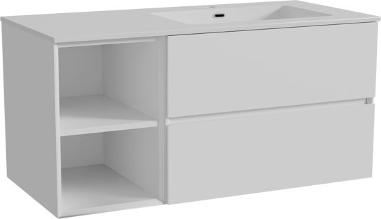 Storke Edge meuble salle de bains suspendu 110 x 52 cm blanc mat avec Diva plan vasque asymétrique à droite en marbre composite blanc brillant