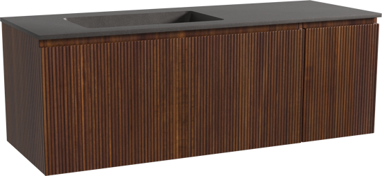 Storke Ribs meuble salle de bains suspendu 140 x 52 cm noyer avec Scuro vasque asymétrique gauche en quartz noir mat, Nervure droite symétrique verticale