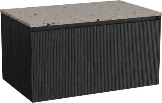 Balmani Fila zwevend badkamermeubel 90 x 55 cm zwarte eik met Stretto enkel tablet in terrazzo greige terrazzo, Verticale symmetrische rechte ribbel