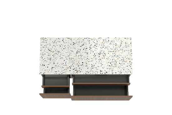 Balmani Sfera hängendes Möbelstück Set: 135 x 55 cm, Amerikanischer Nussbaum, mit Stretto Einzel- oder Doppel Waschtischplatte, Terrazzo in Weiß/Schwarz matt