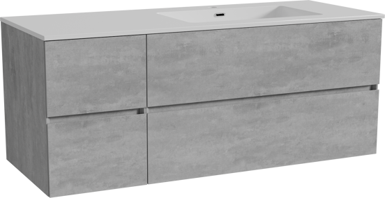 Storke Edge meuble salle de bains suspendu 130 x 52 cm béton gris foncé avec Diva plan vasque asymétrique à droite en marbre composite blanc brillant