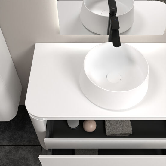 Balmani Moon meuble salle de bains suspendu 100 x 55 cm blanc mat avec Moon tablette simple en solid surface blanc mat