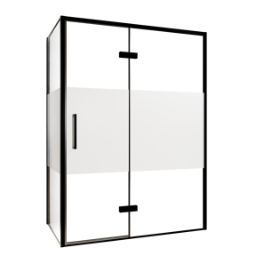 Balmani Senses Design douchehoek met rechtse draaideur en vaste zijwand, 140 x 100 cm, Helder glas met matte strook, Zwarte profielen