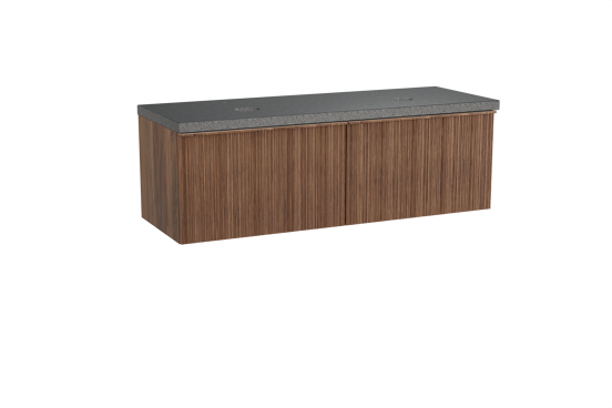 Balmani Forma hängendes Möbelstück Set: 150 x 55 cm, Amerikanischer Nussbaum, mit Rock Doppel Waschtischplatte, Granit, Schwarzes Granit, Vertikale asymmetrische Runde Rippe