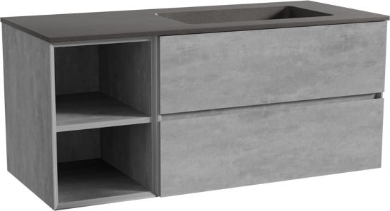 Storke Edge zwevend badmeubel 120 x 52 cm beton donkergrijs met Scuro asymmetrisch rechtse wastafel in kwarts mat zwart