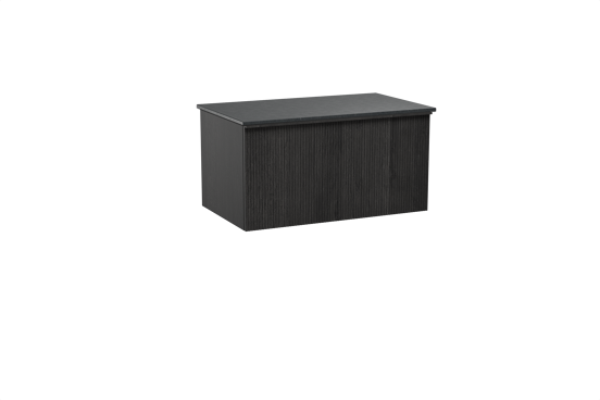 Balmani Forma hängendes Möbelstück Set: 90 x 55 cm, Schwarze Eiche, mit Stretto Einzel Waschtischplatte, Granit, Schwarzes Granit, Vertikale symmetrische gerade Rippe